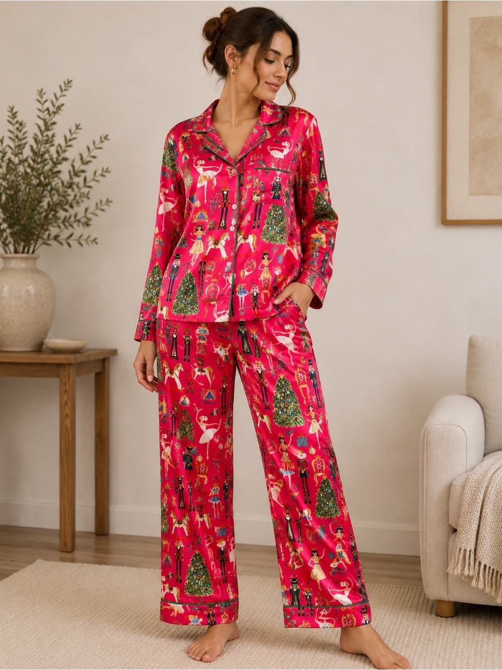 Sheshow Women’s Satin Holiday Print Pajama Set - Red Large